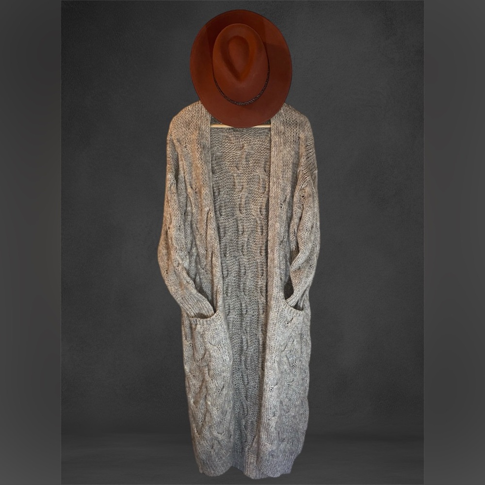 Eye Grabbing Fuzzy Gray Chunky Cable Knit Floor Length Duster Cardigan
